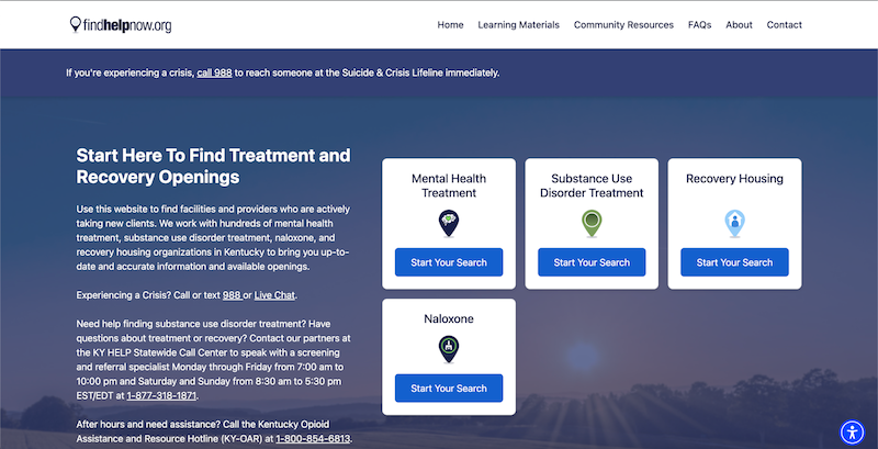 Screenshot of Find Help Now website